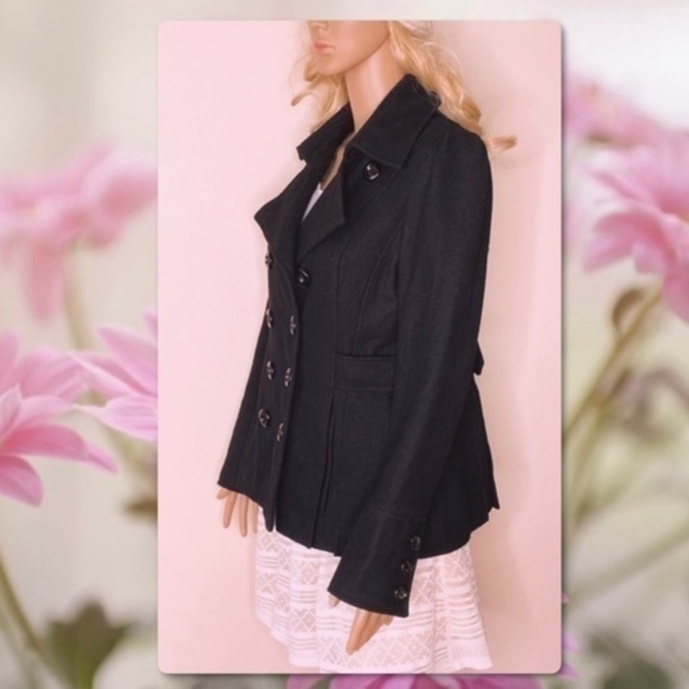 GUESS WOOL DOUBLE BREASTED BLACK PEACOAT JACKET M - Picture 2 of 10